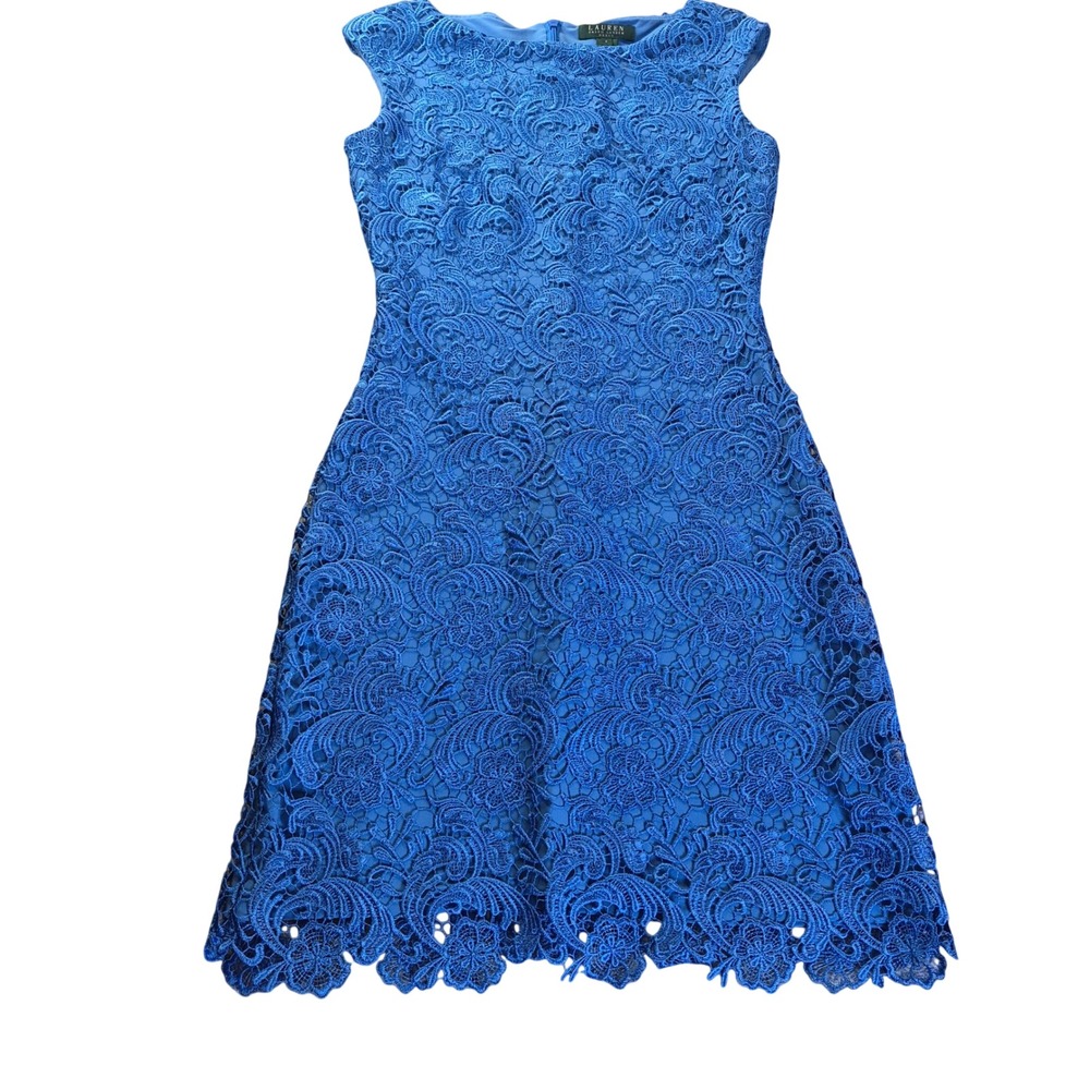 Lauren Ralph Lauren Lace Sheath Dress Women 4 Blue Floral Cocktail Wedding Guest